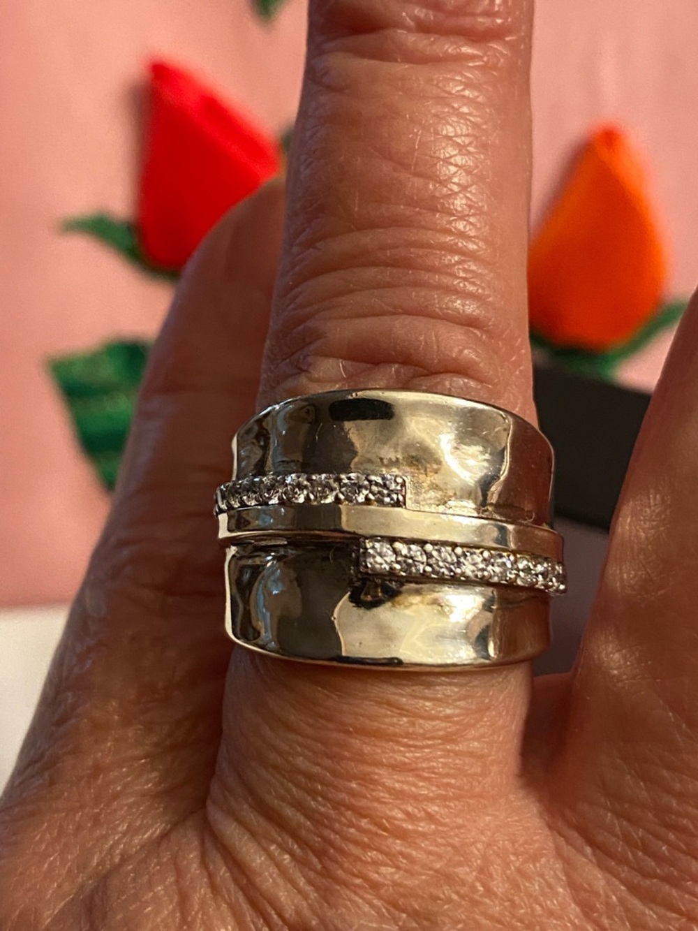 Sterling Silver CZ Hammered Wide Band Ring